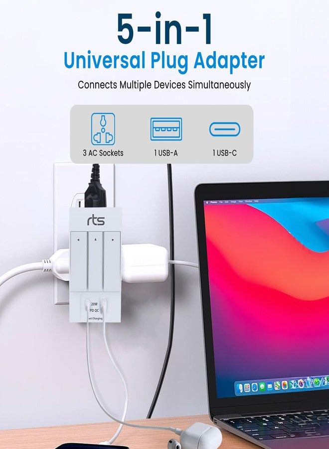 rts 3 Pin Multi Plug Socket-Worldwide Universal Travel Adapter with USB Ports & Type-C PD Individual Switch Safety Shutter LED Indicator-3 Way Plug Socket (5A-250V) Type D Plug for Home Office White - Image 2